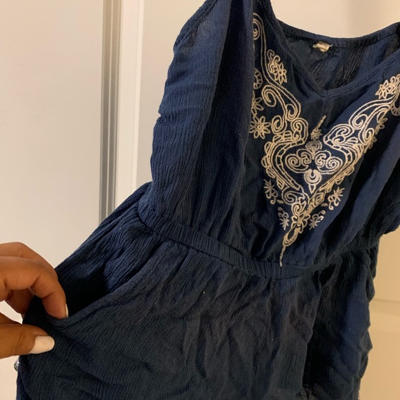 Navy Blue Linen Romper with White Embroidery - XS - Picture 3 of 5